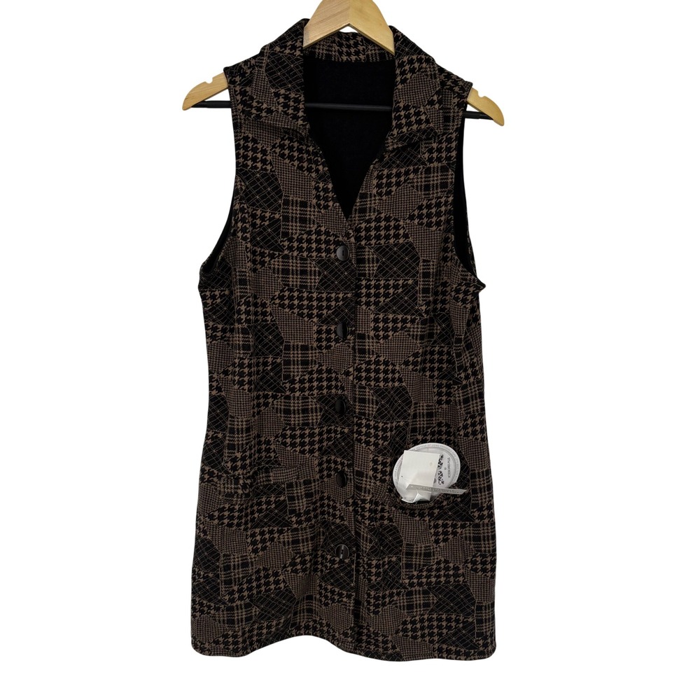 Parsley & Sage Womens Reversible Longline Vest M Brown Black Houndstooth NWT